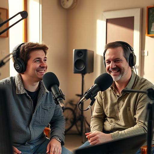 Due podcaster sorridenti durante la registrazione di un episodio nello studio Suoni di Roma
