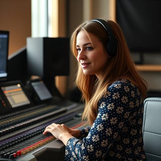 Foto di Elena Rossi, tecnico del suono di Suoni di Roma, al lavoro con una console di mixaggio in studio.