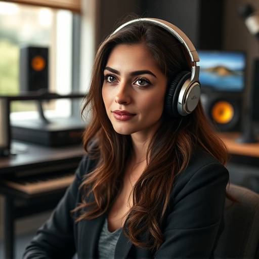 Foto di Giulia De Angelis, responsabile dell'editing e della post-produzione di Suoni di Roma, con cuffie da studio e un'espressione concentrata.